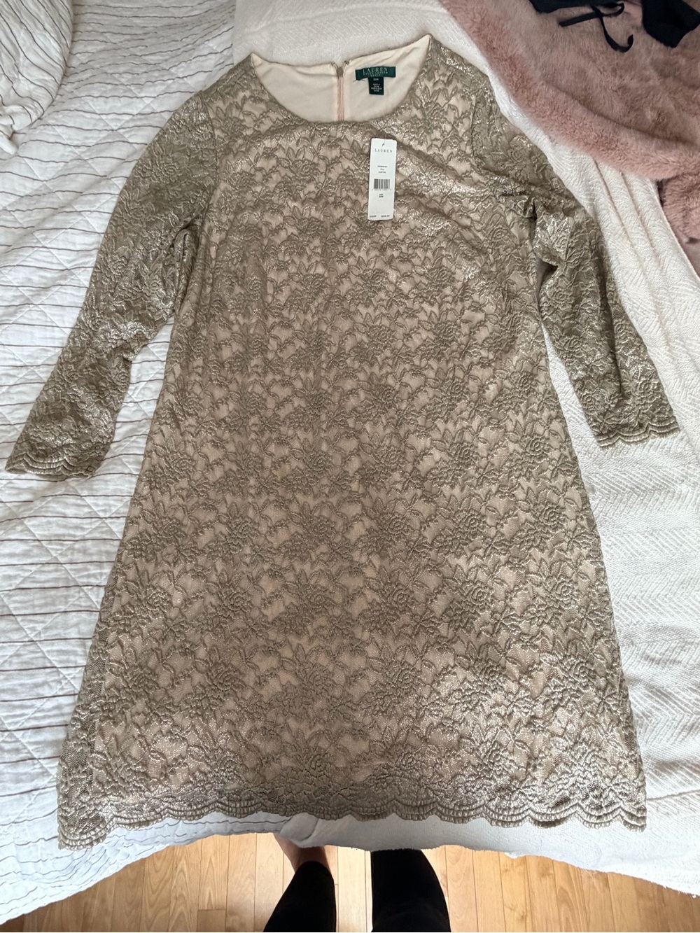 Ralph Lauren Taupe Lace Long Sleeve Dress